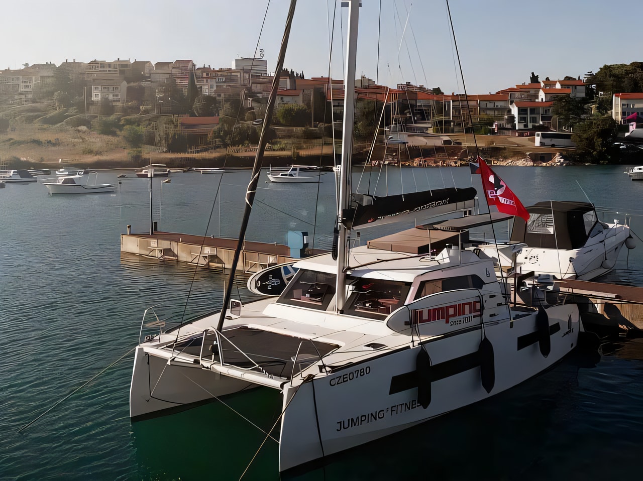 Exterior overview of Aventura 34 catamaran for charter from Sibenik Marina Mandalina in the Sibenik sailing area Croatia