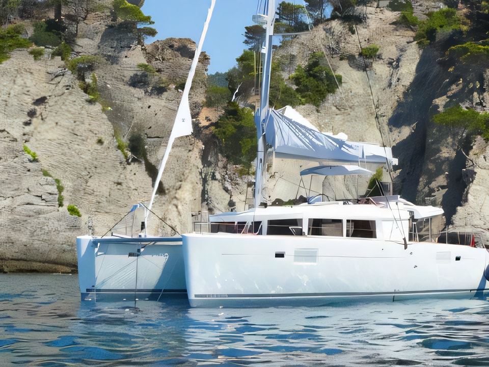 Exterior overview of Lagoon 450 equipped with generator, A / C (saloon) catamaran for charter from Split Marina Mornar in the Split sailing area Croatia