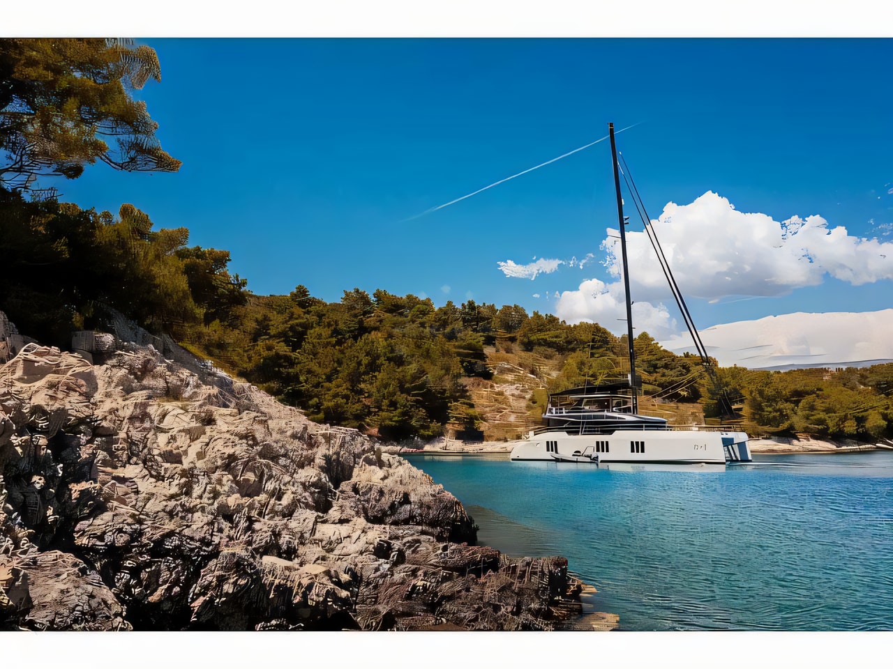 Exterior overview of Sunreef 70 Eco catamaran for charter from Kastela Gomilica Marina in the Split sailing area Croatia