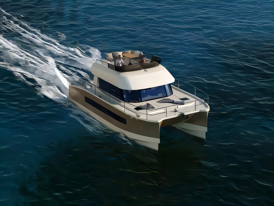 Exterior overview of FP MY 37 power catamaran for charter from SCT Marina Trogir in the Split sailing area Croatia