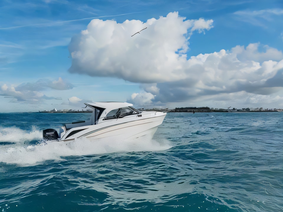 Exterior overview of Beneteau Antares 8 OB motor boat for charter from Kastela Gomilica Marina in the Sibenik sailing area Croatia
