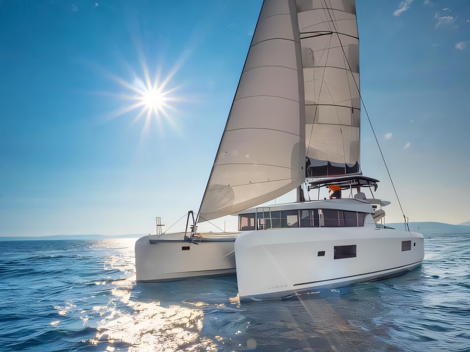 Exterior overview of Lagoon 42 catamaran for charter from Split ACI Marina in the Split sailing area Croatia