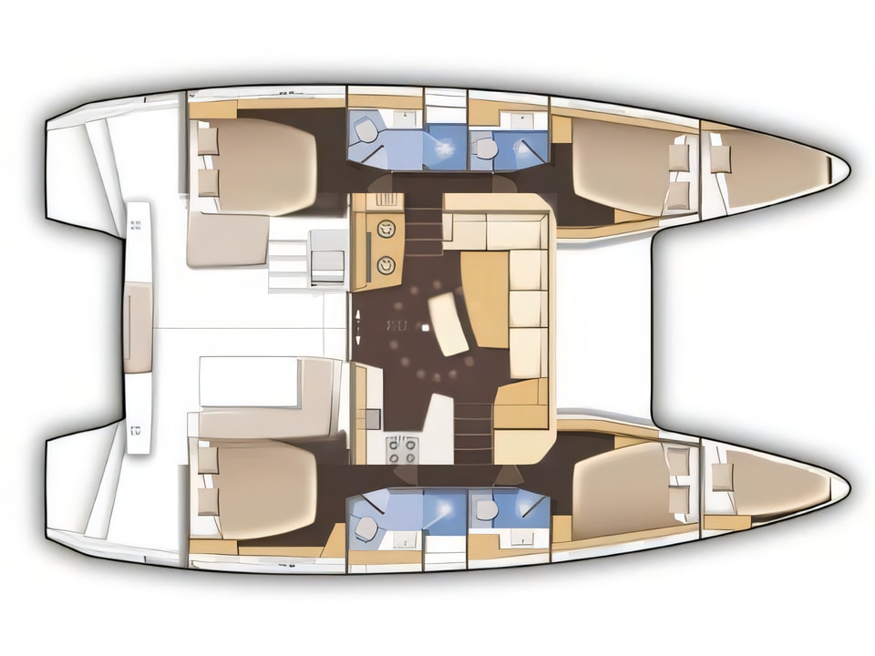Layout of Lagoon 42 catamaran with 4 cabins Croatia yacht charter