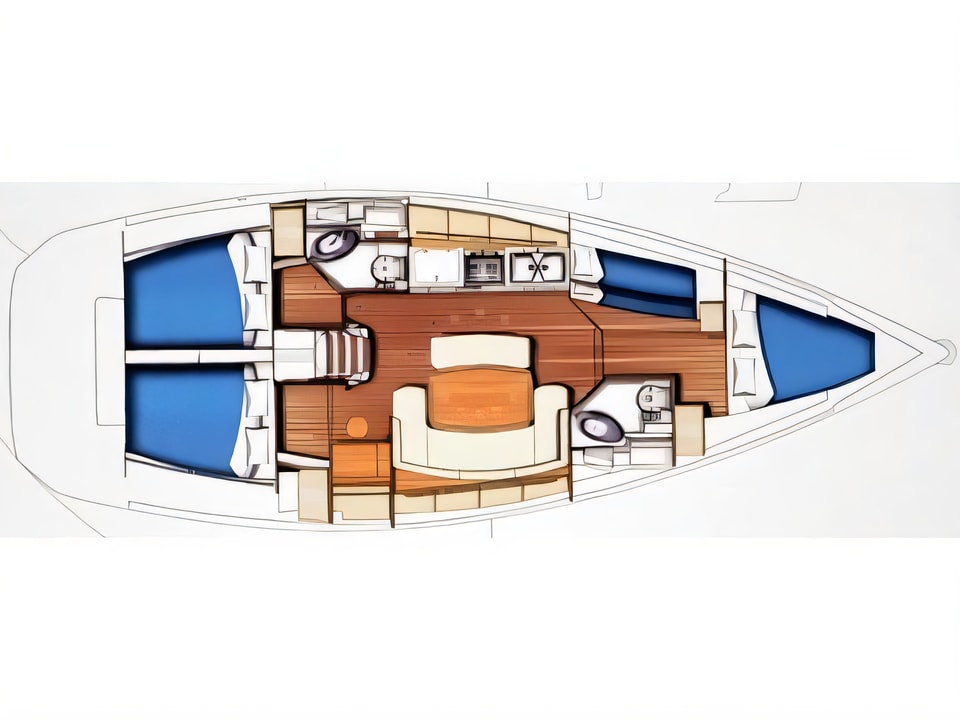 Layout of Beneteau Cyclades 43.4 sail boat with 4 cabins Croatia yacht charter