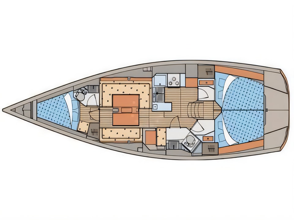 Layout of Elan 410 performance sail boat with 3 cabins Croatia yacht charter