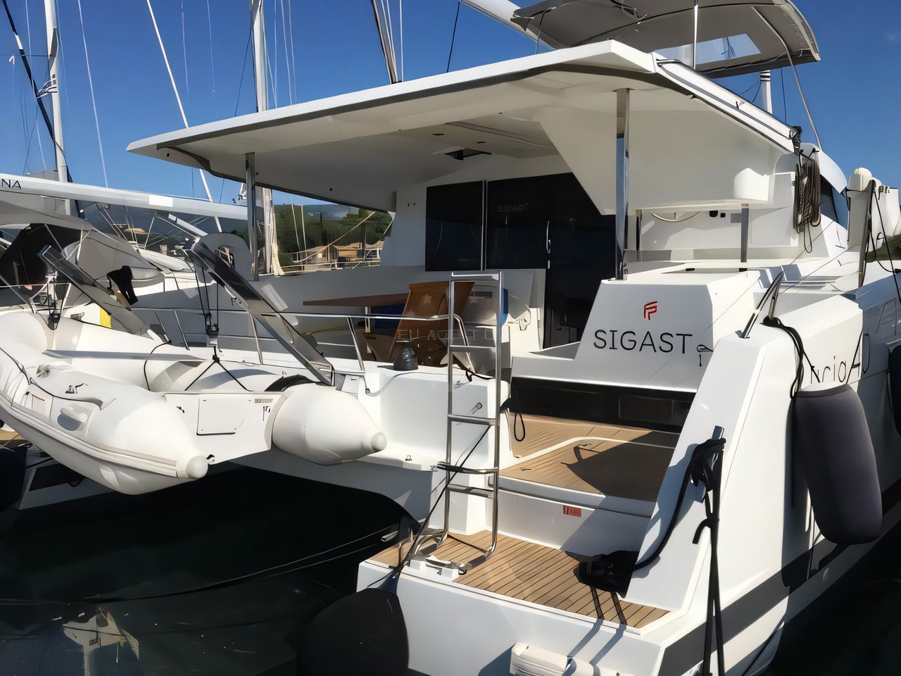 Exterior overview of Lucia 40 catamaran for charter from Trogir ACI Marina in the Split sailing area Croatia