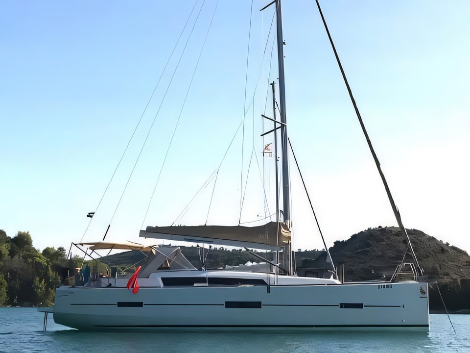 Exterior overview of Dufour 410 Grand Large 8 sail boat for charter from Rogoznica Marina Frapa in the Sibenik sailing area Croatia