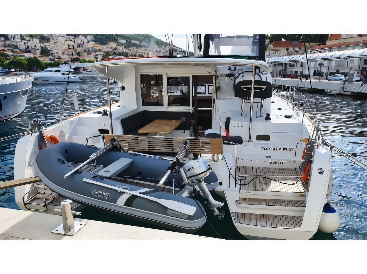 Exterior overview of Lagoon 40 catamaran for charter from Vodice ACI Marina in the Sibenik sailing area Croatia