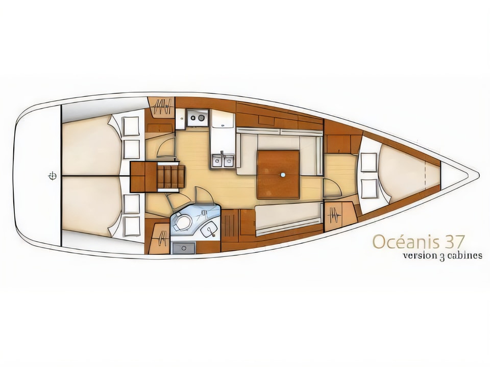 Layout of Oceanis 37 sail boat with 3 cabins Croatia yacht charter