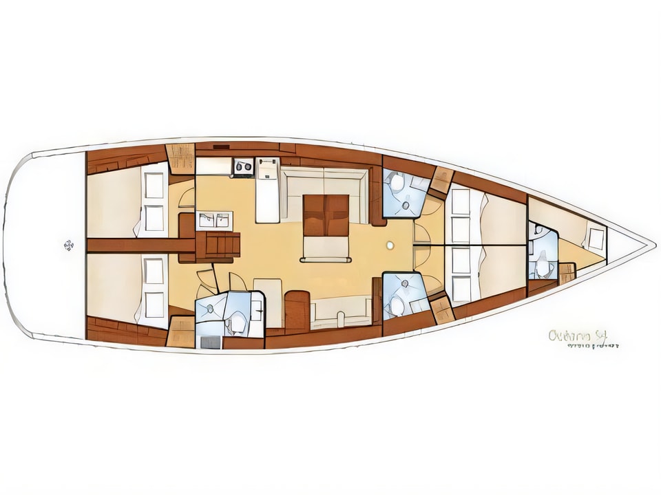 Layout of Sun Odyssey 54DS sail boat with 5 cabins Croatia yacht charter