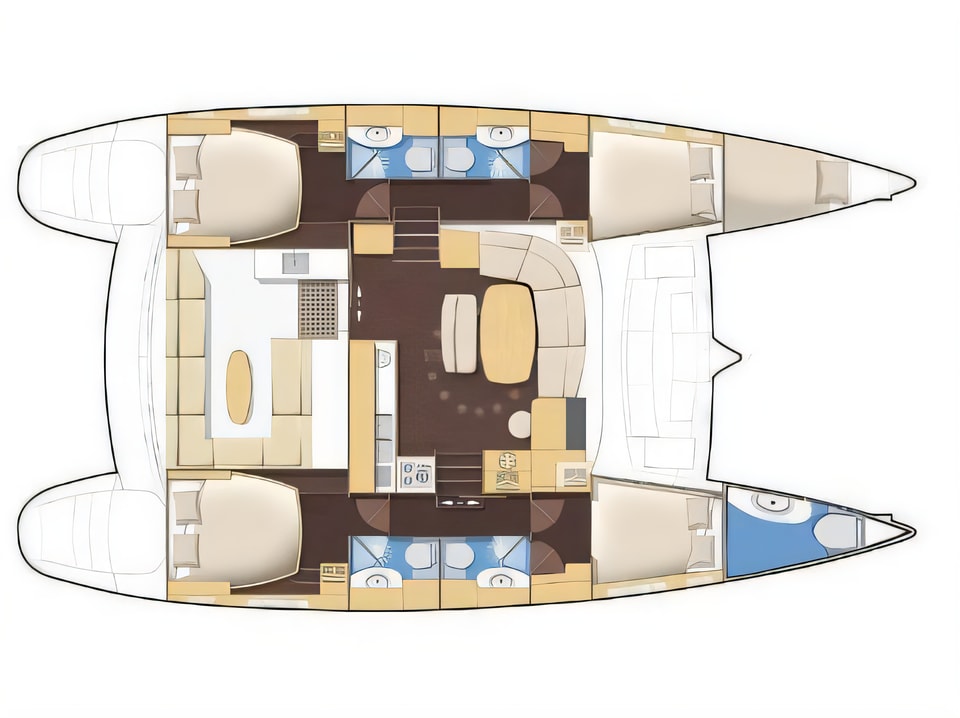 Layout of Lagoon 440 (4+2 cab) catamaran with 6 cabins Croatia yacht charter
