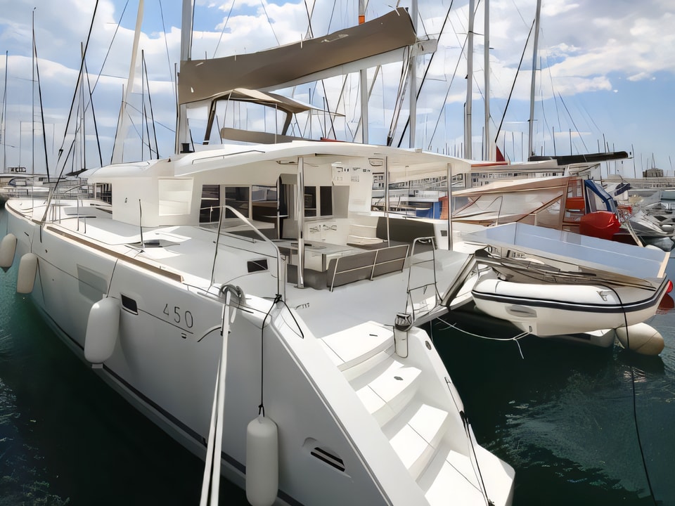Exterior overview of Lagoon 450 F catamaran for charter from Sukosan Marina Dalmacija in the Zadar sailing area Croatia