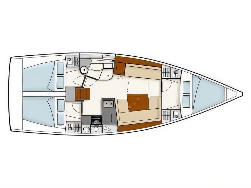 Layout of Hanse 385 sail boat with 3 cabins Croatia yacht charter