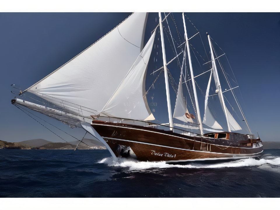 Exterior overview of DOLCE VITA gulet or cruiser for charter from Sibenik Marina Mandalina in the Sibenik sailing area Croatia