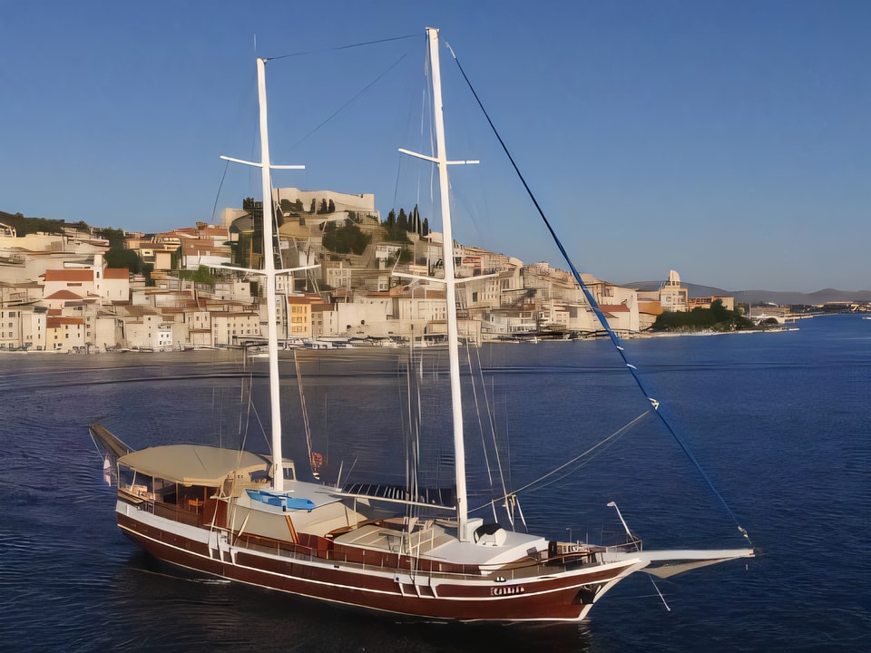 Exterior overview of KADENA gulet or cruiser for charter from Sibenik Marina Mandalina in the Sibenik sailing area Croatia