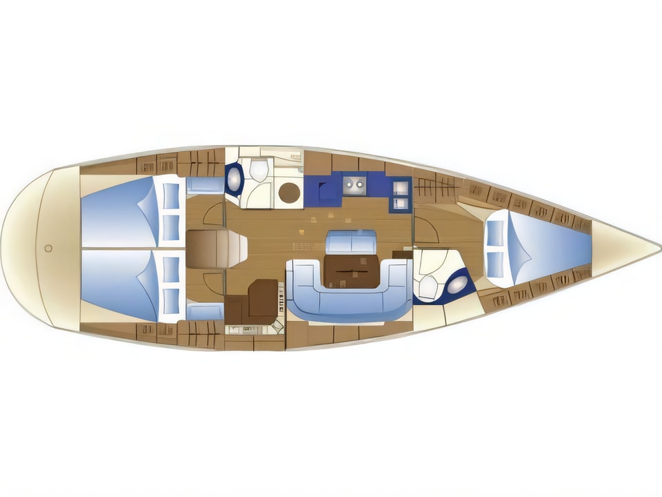 Bavaria 42 Cruiser yacht interior layout with 3 cabins and 7 berths for charter in Croatia