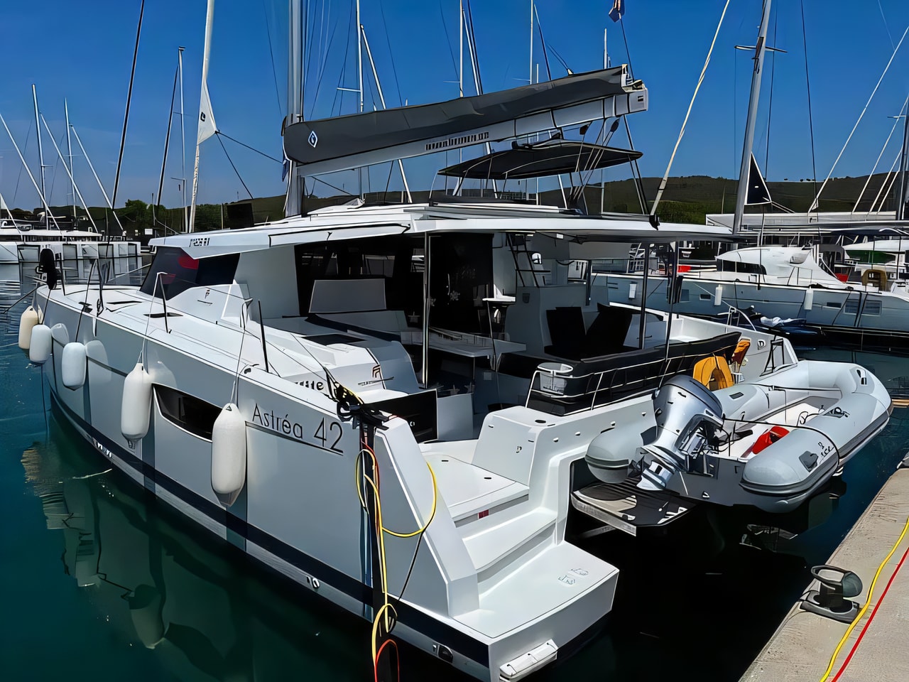 Exterior overview of Astrea 42 catamaran for charter from Pula Marina Polesana in the Istria / Kvarner sailing area Croatia