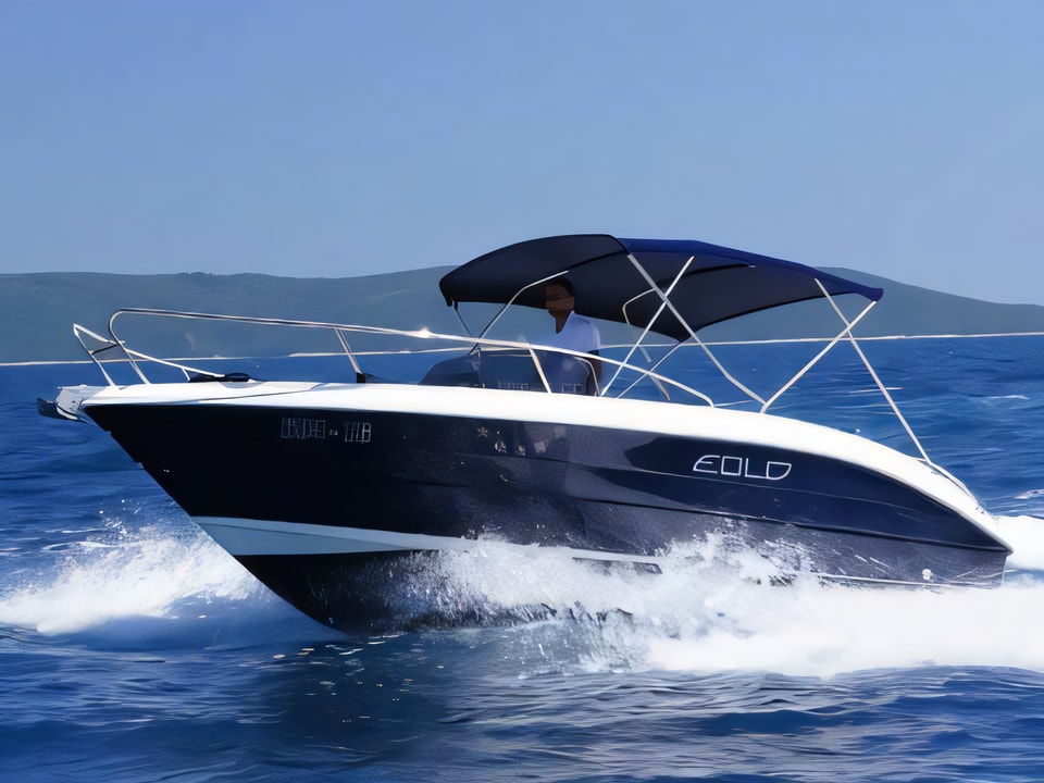Exterior overview of Eolo 650 motor boat for charter from Trogir PSU Banj in the Split sailing area Croatia