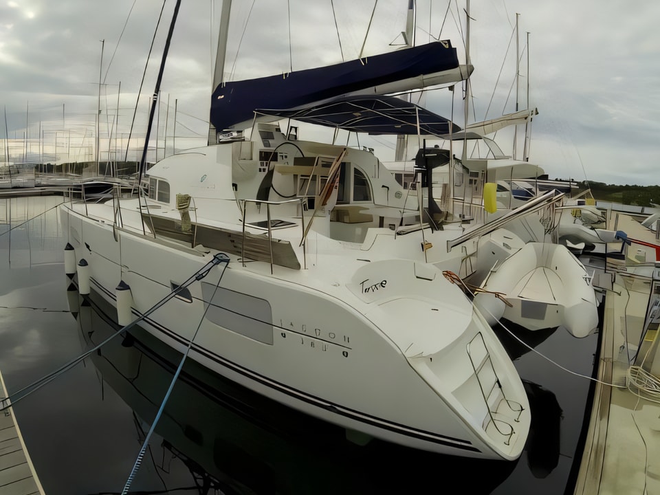 Exterior overview of Lagoon 380 S2 catamaran for charter from Sibenik Marina Mandalina in the Sibenik sailing area Croatia