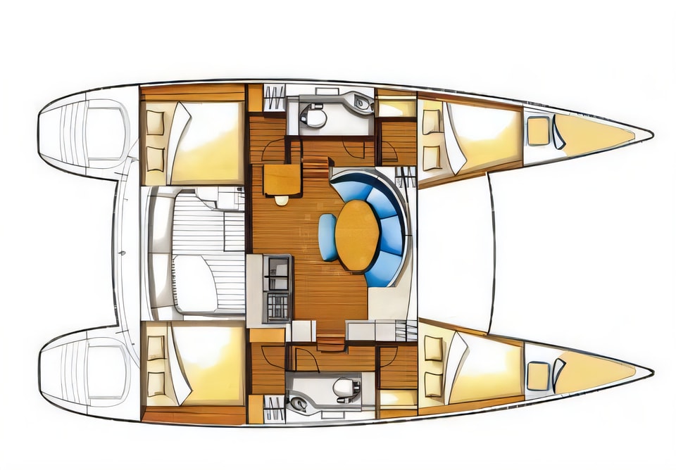 Layout of Lagoon 380 S2 catamaran with 6 cabins Croatia yacht charter