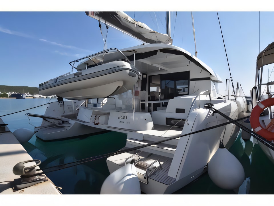 Exterior overview of Lagoon 42 catamaran for charter from Krk Marina Punat in the Istria / Kvarner sailing area Croatia
