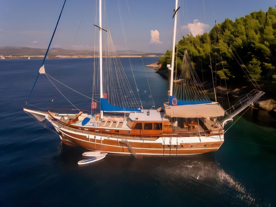 Exterior overview of MALENA gulet or cruiser for charter from Sibenik Marina Mandalina in the Sibenik sailing area Croatia