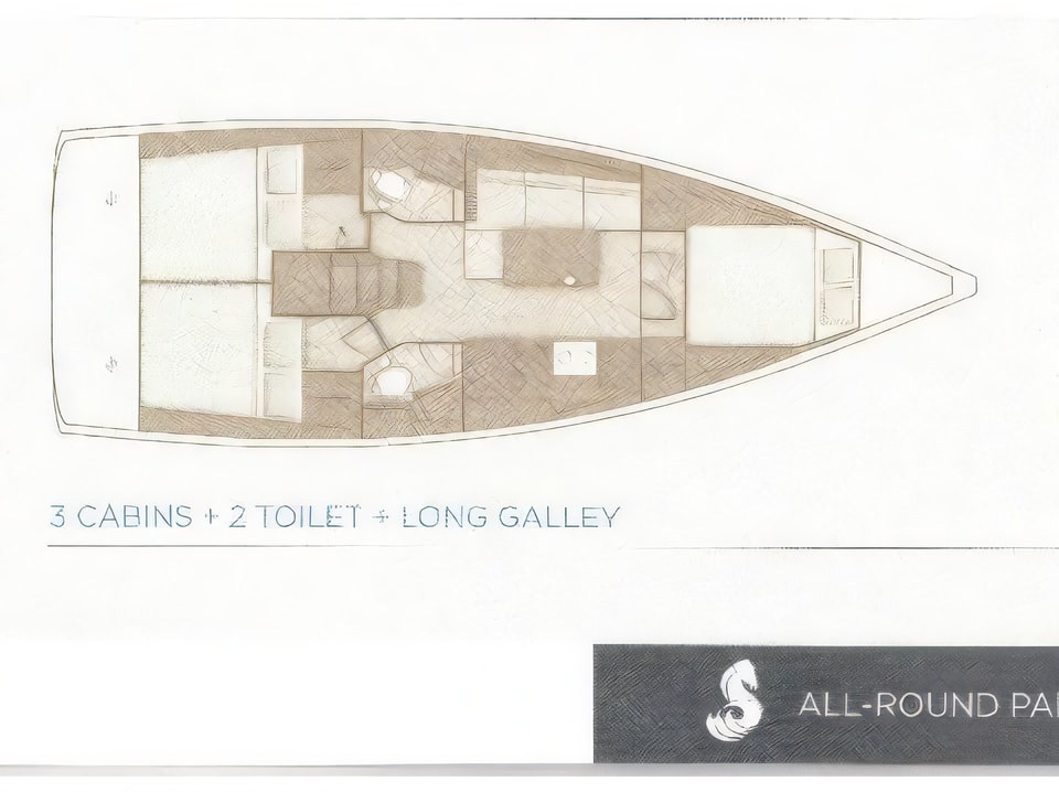 Layout of Oceanis 38.1 sail boat with 3 cabins Croatia yacht charter