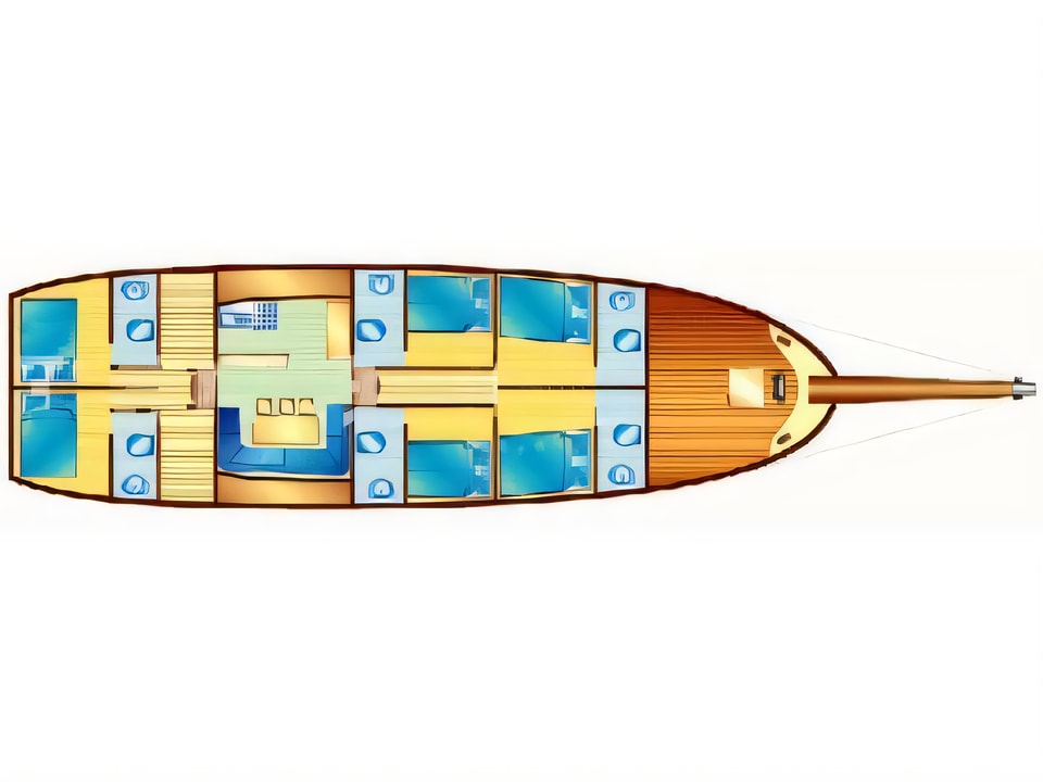 Layout of BABAC gulet or cruiser with 4 cabins Croatia yacht charter