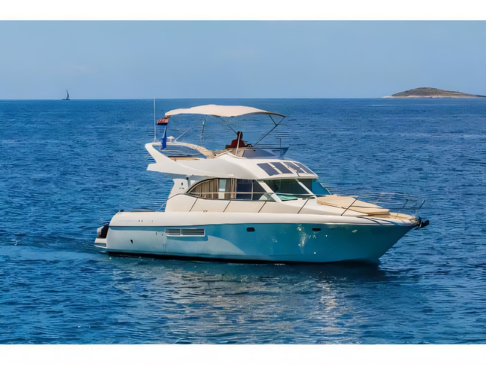 Exterior overview of Jeanneau Prestige 36 Fly motor boat for charter from Primosten Marina Kremik in the Sibenik sailing area Croatia