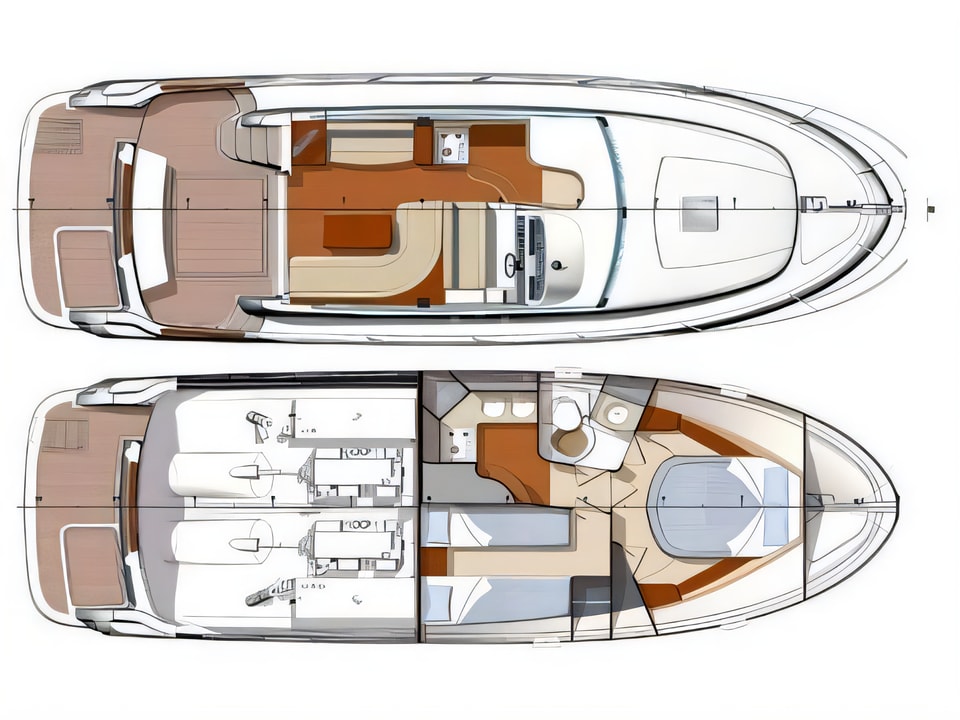 Layout of Jeanneau Prestige 36 Fly motor boat with 2 cabins Croatia yacht charter