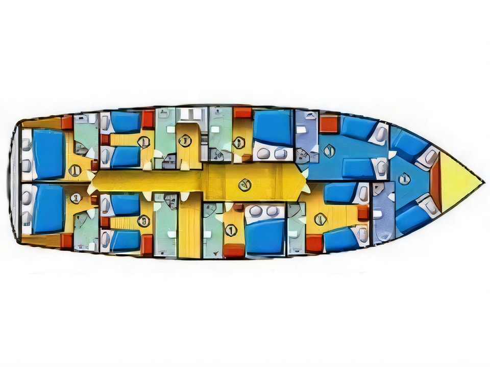 Layout of FORTUNA gulet or cruiser with 7 cabins Croatia yacht charter