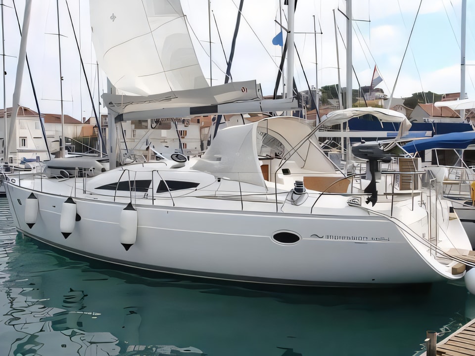 Exterior overview of Elan 434 Impression sail boat for charter from Sukosan Marina Dalmacija in the Zadar sailing area Croatia