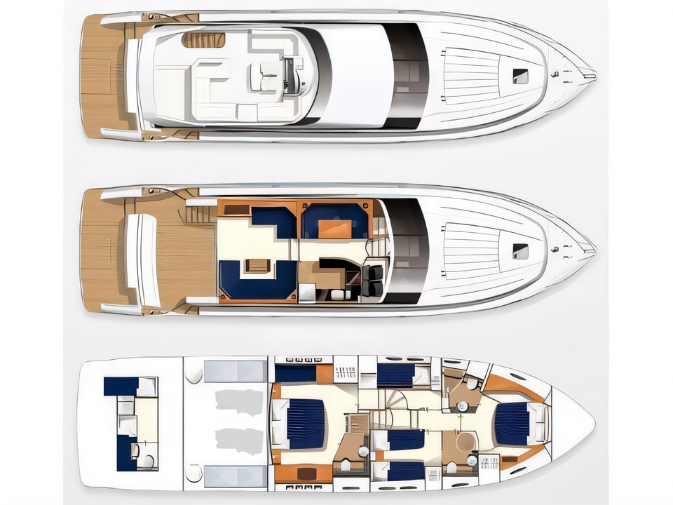 Layout of Princess 62 motoryacht with 4 cabins Croatia yacht charter