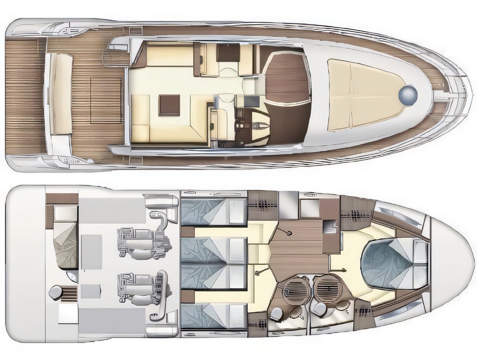 Layout of Azimut 47 Fly motoryacht with 3 cabins Croatia yacht charter